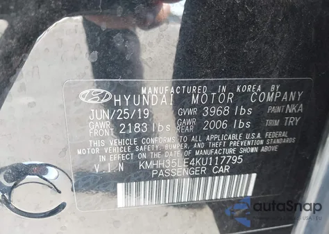 2019 Hyundai Elantra Gt z USA, uszkodzony, nr VIN KMHH35LE4KU117795